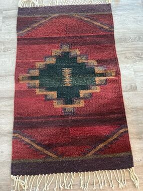 Vintage Woven Mexican Southwestern Wool Fringed Tapestry Rug Saddle Blanket